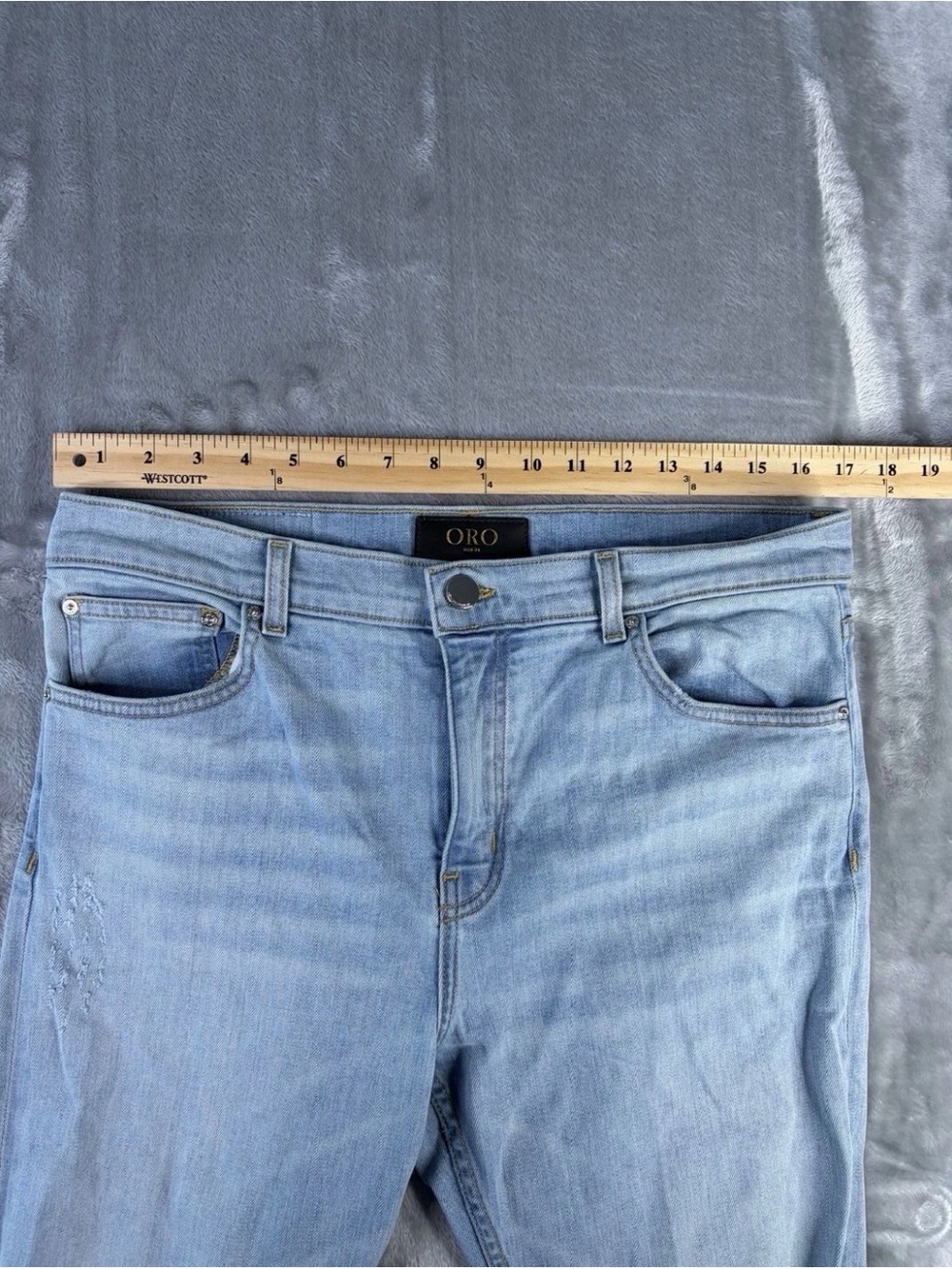 Oro Los Angeles Mens Jeans Sz 34x30 Distressed Ripped LightBlue Wash Broken Loop - Picture 5 of 11